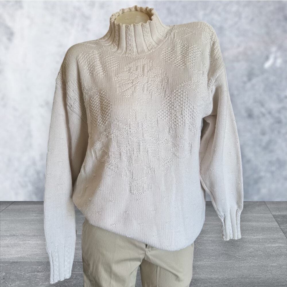 Vintage 1980s Cream Colored Cable Knit Turtleneck Sweater